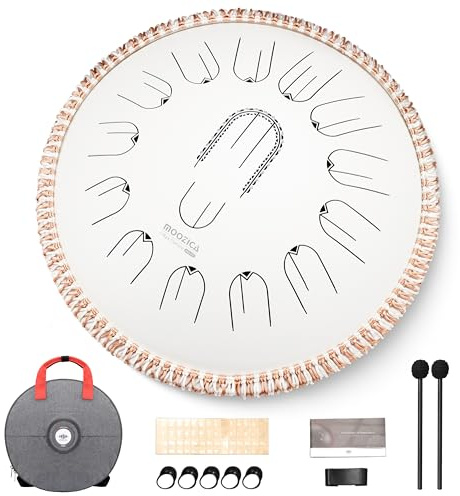 MOOZICA 15 Zoll Stahl-Handpan-Zungentrommel – 15 Töne in C-Dur, 440 Hz, Zungentrommel mit Oktav-Oberton-Design – Professionelles Percussion-Zungentrommelinstrument mit Tragetasche (Weiß，440hz）