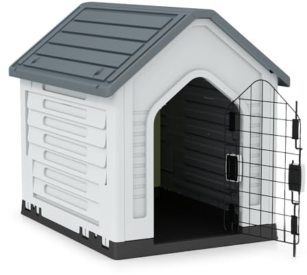 GYMAX Caseta para Perros, Casa de Plástico para Perros con Puerta Metálica Bloqueable, Techo Inclinado, Buena Ventilación, Refugio para Animales Adecuado para Interior, Exterior (Gris)