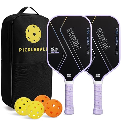 Starhot Pickleball Paddles Set of 2,T700 Carbon Fibre Rackets,16mm Polymer Honeycomb Core,Sandblasted Grit Surface for Spin,Power and Control, with 4 Balls and Carry Bag