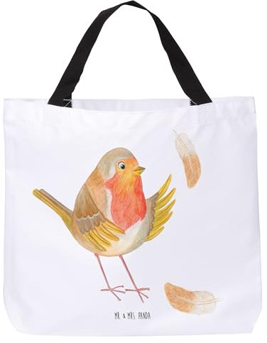 Mr. & Mrs. Panda Shopper Rotkehlchen Federn - Geschenk, Tiere, Einkaufsbeutel, Vogel, lustige Sprüche, Spruch Mut, Beutel, Tasche, Schultasche, Gute