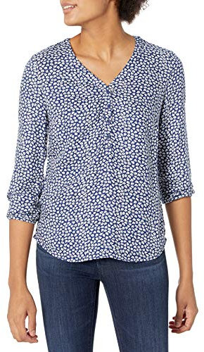 Amazon Essentials Camisa con Botones y Manga 3/4, Blusa de Corte Holgado con Cuello en V Mujer, Azul Marino Blanco Pétalos, L