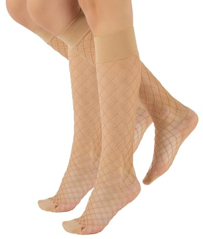 CALZITALY 2 Paia Gambaletti A Rete | Calze Nere A Rete Grande | Calze Al Ginocchio Fashion | Made In Italy (Taglia unica, Naturale)