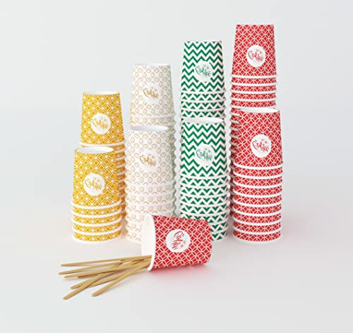 200 Vasos Carton Desechables Multicolor para Café Espresso de 4 onzas 110 ml con Agitadores de Madera, Ecológicos y Desechables, Resistentes al Calor