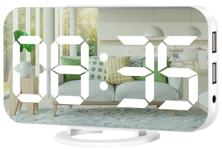 Muoigoe Digital Alarm Clock,Large Display LED And Mirror Desk Clock With Dual USB Charger Ports, 3 Levels Brightness,12/24H Alarm Clocks, Modern Electronic Clock for Bedroom Living Room Office - White