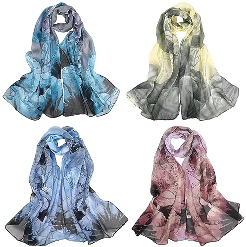 Firtink 4 sciarpe da donna in chiffon, morbide sciarpe con fiori, in seta, per donne, 150 x 50 cm, Multicolore, Taglia unica