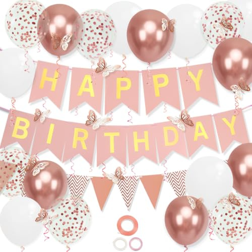 Rose Gold Birthday Decoration, 18 pcs 12 inch Happy Birthday Banner with Butterfly Stickers and Balloons for Girl and Women Happy Birthday Decorations