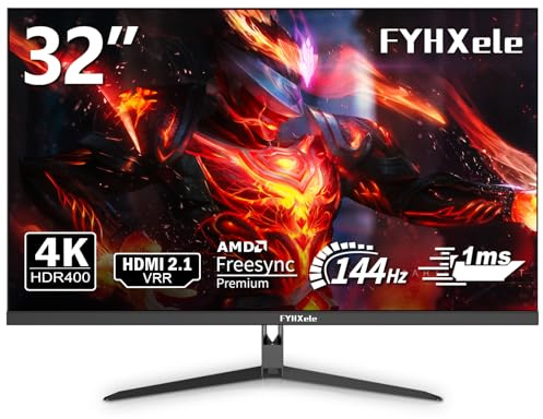 FYHXele 32 Zoll 4K Gaming Monitor, 144Hz UHD (3840 * 2160) Fast IPS Computer Monitor, Professional Color Gamut PC Bildschirm, 1msGTG with FreeSync, Low Blue Light, Augenpflege, VESA-Schwarz