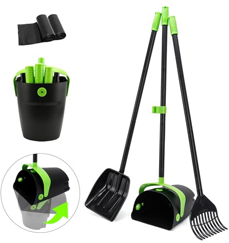 ibestbuy Svängbar hundspade och kratta med avfallspåsar, 111 cm långt handtag, justerbar, bärbar, okrossbar, för stora och medelstora hundar, torrdosering och