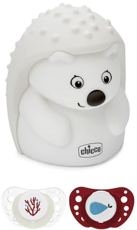 Chicco Set Luce Notturna e 2 Succhietti Air Lumi 16-36 Mesi, Luce Notturna Ricaricabile Per Bambini con 8 Luci Multicolore, Ciuccio 16-36 Mesi, Si Illumina al Buio, Tettarella in Silicone, Rosso