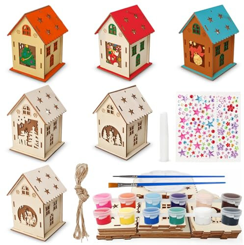 HWJPDMBD Weihnachtshaus Baste-ln Kinder, 6 Stücke B-asteln Weihna-chten, Weihnach-ten Deko Bastelset, Weih-nachts Bast-elset, Holz Wei-hnachtshaus zum Bastel-n und Bemalen, DIY Holzbastelset