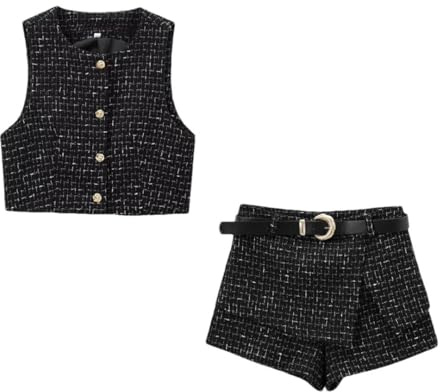 Damen-Tweed-Weste mit Knöpfen und hoher Taille mit Gürtel, Shorts, Röcken, zweiteiliges Set, Sets, S