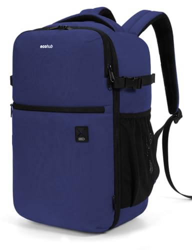 ECOHUB Zaino Ryanair 40x20x25, Zaino da Viaggio per Aereo per Laptop da 14 Pollici, Zaino Riciclato Resistente All'acqua Bagaglio a Mano per Scuola Lavoro e Trekking, 20L-Blu scuro