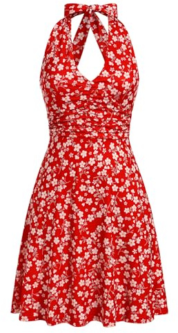 IBAKOM Robes d'été pour Les Femmes: Sexy Fleur Soleil Jupe Col V Volants A - Ligne Robe à Dos Découvert-Cocktails Décontractés Beach Party Rouge L