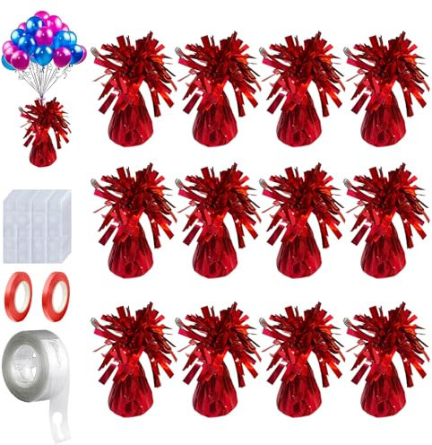 12 pesi pesanti per palloncini a elio, con 2 rotoli di nastro, 1 rotolo di striscia ad arco e 200 punti di colla, accessori per palloncini per feste di compleanno, eventi e celebrazioni (rosso)