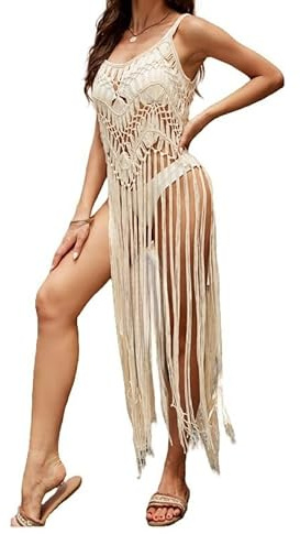 Canotta Lunga Estiva da Donna con Frange, Stile Boho, Traforata, A Fiori, Senza Maniche, all'Uncinetto, Sexy, in Pizzo Irregolare, Drappeggiata, Bikini da Spiaggia, Top Lunghi, Copricostume, Bianco,