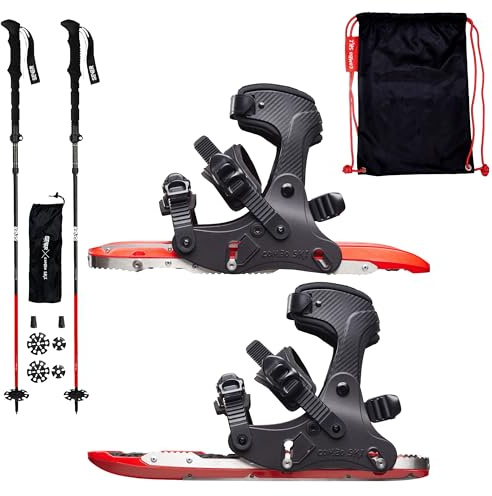 COMBO SKI Set med 2-i-1, lätta snöskor med nordiska, vikbara vandringspinnar och ryggsäckar, miniskidor lämpliga för skidåkning, vandring, klättring för vintern på is och snö, vandringsstavar (Power