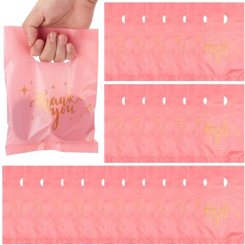 SOFPLATE 100 pz. Borsa per La Spesa Rosa con Scritta Grazie 8 x 6 Sacchetti Riutilizzabili in Plastica per Regali al Dettaglio Piccole Borse Aziendali con Manici per Negozi Bomboniere per Feste di