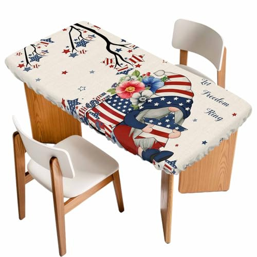 jdudh 4ft Fitted Tablecloth for Rectangle Tables,Independence Day Dwarfs Waterproof Elastic Edged Table Cover,Opium Poppy on Retro Linen Table Cloth for Kitchen Dining Outdoor Party Decor
