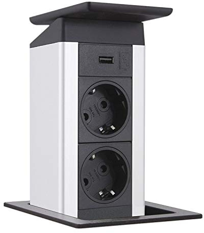 EVOline 159311000200 Steckdosenleiste Port Push 2X Schuko + USB-Charger, Wippdeckel Edelstahl