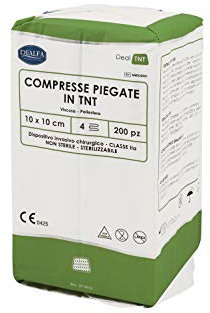 DEALFA Compresse TNT Piegate - Non Sterili - 10x10 cm - 4 Strati - Morbide, Altamente Assorbenti e Resistenti - Monouso - Confezione da 200 Pezzi