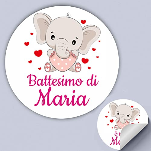 50 Tag Adesivi personalizzati per nascita, battesimo, compleanno, PERSONALIZZALO QUI con nome, frase, data, etichette adesive per inviti, scatolini, sacchetti, bomboniere,(Elefantino Bambina)