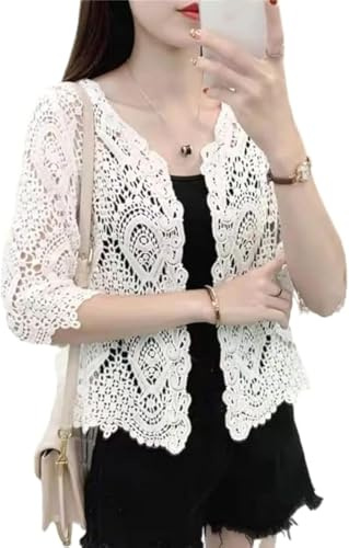 Cardigan court en dentelle estivale pour femme Boho Hollow Crochet à fleurs, manches 3/4, ouvert devant, élégant, maille courte, couvrant, en coton, Blanc, Taille Unique