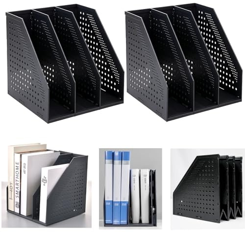 Marte Vanci Collapsible Magazine File Holder, 2 Pack 3 Compartment, Black | Adjustable Book Organiser, Plastic Lever Arch File Storage, Vertical Document Folder Rack, for Office School Desk Shelves
