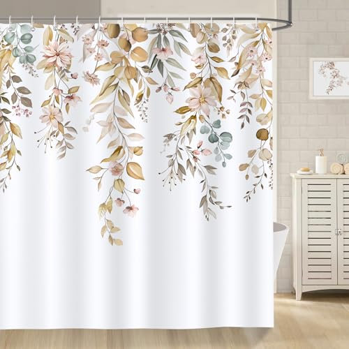 Bonhause Cortina de Ducha Hojas de Eucalipto Marrón Otoño Flores Planta de Acuarela Cortina de Baño de Poliéster Impermeable Antimoho Lavable Cortina Ducha 180 x 180 cm con 12 Ganchos