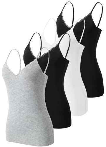 Knuffnee 4 Pack Lace Womens Camisole Basic Undershirt Cami V Neck Adjustable Strap Tank Tops Black/White/Black/Grey S