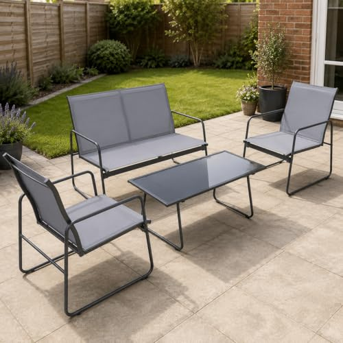 BRONX 4-Piece Patio Set – Grey Outdoor Furniture with 2 Chairs, Loveseat & Table for Porch, Balcony, or Indoor Spaces