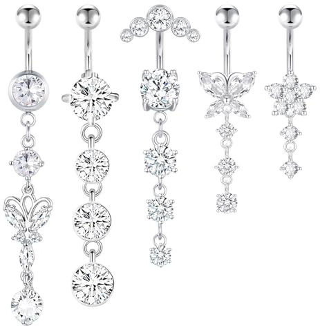 CharmBurst 5 pcs Piercing nombril suspendu, Acier chirurgical Piercing nombril argent, Belly Button Ring avec Zirconia, Set Belly Piercing long résistant à l'eau