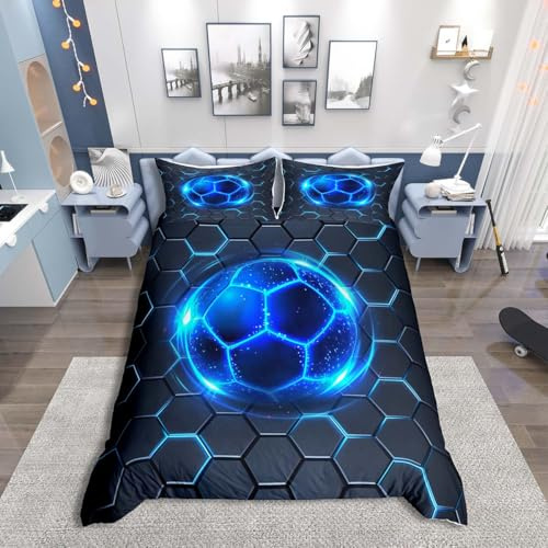 Loussiesd Blue Neon Football Duvet Cover Set Double Size For Kids Boys Teens Geometric Honeycomb Bedding Set Soccer Ball Games Comforter Cover with 2 Pillowcases Hexagonal Bed Set