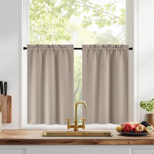 PONY DANCE Tende Cucina Porta Finestra Tende Oscuranti per Interni a Vetro per Finestra Curtains Termiche Isolanti Tendine con Tasca 2 Pezzi 60x60 CM, Sabbia