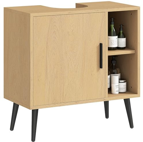 HOMCOM Meuble sous lavabo Salle de Bain, Meuble sous Vasque Industriel avec Porte à Fermeture Progressive et étagère réglable, 60 x 30 x 59,5 cm, chêne