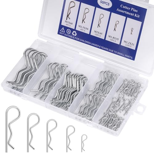 Ruqamxu 50PCS Cotter Pins, Cotter Pin Assortment Kit, Heavy Duty R Clips Hardware Pins, Spring Fasteners Hitch Pin for Trailer Locking, Lawn Mowers, Trucks, Mechanics and DIY Choice