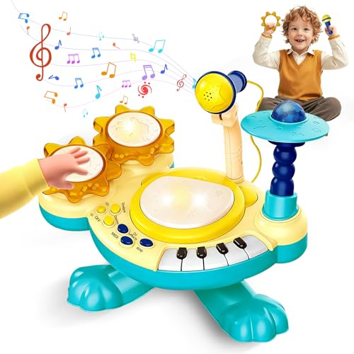 Tambor Infantil 3 Años, Batería Niños con Palmas con Música, Luces, Micrófono y Teclas de Piano, Educación Temprana Batería Instrumentos Musicales Juguete Navidad Regalo (Azul)