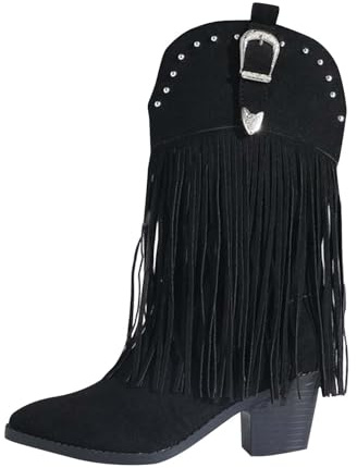 Tassel Cowboy Boots For Women Autumn Winter Flat Suede Mid Calf Boots Chunky Heel Fringe Boot Mid Length Boot Wide Calf Fashion Cowgirl Booties Casual Stylish Plus Size Warm Inside Booties