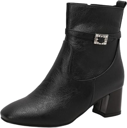 CUTEHEELS Botines para mujer con punta cuadrada, tacón de bloque de 5,5 cm, cremallera lateral, forro fino de piel sintética, Negro , 38 EU