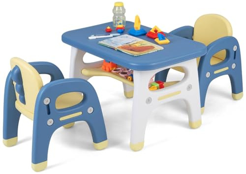 GYMAX Kids Table and Chair Set, Children Activity Desk with Building Blocks & Storage Rack, Dinosaur Toddler Furniture Set for Boys Girls