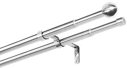 Ausziehbare 2 lauf Gardinenstange, 2 läufig, Stilgarnitur komplett Set zum sofortigen Montieren, 16/19 mm Ø, Edelstahl-Optik, 200-350 cm
