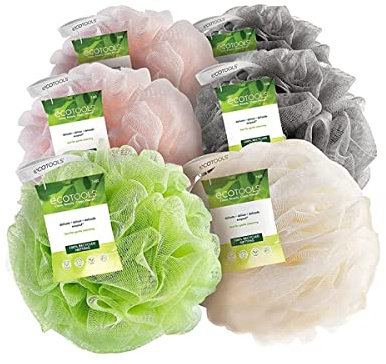 EcoTools Delicate EcoPouf Bath Sponge, Made With Recycled Materials, Exfoliating Bath Pouf, Loofah for Shower & Bath, In Assorted Colors, Green, White, Pink, and Gray, Perfect for Men & Women, 6 Count