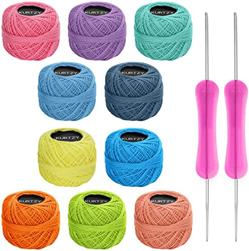 Kurtzy 10 Stk Pastellfarbene Baumwolle zum Häkeln - 2 Häkelnadeln enthalten (1 mm & 2 mm) - Jedes Garnknäuel wiegt (20 g) - Insgesamt 1500 m Farbiges Baumwollgarn zum Häkeln