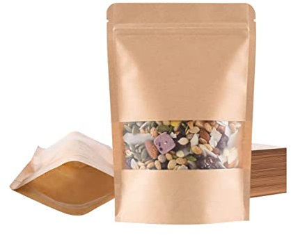 Miorkly 50pcs Paper Bags With Window (15x22cm), Resealable, Waterproof Brown Bags Suitable For Dried Fruit, Coffee, Tea, Seeds