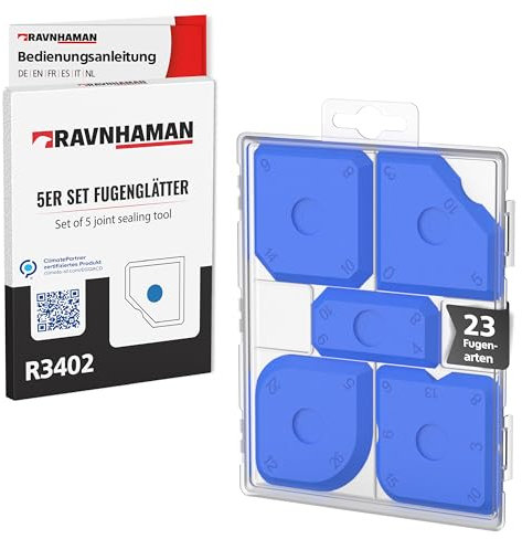RAVN HAMAN Set de 5 Lissoirs à joints Bleu - Ensemble d'outils de Calfeutrage avec 23 formes différentes - Lisseur de joints en silicone et en acrylique par exemple - Avec boîte de rangement