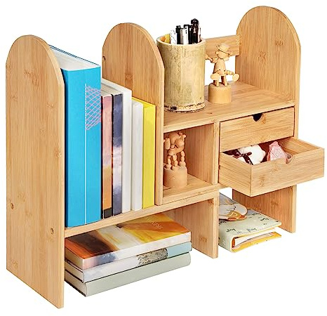 GUUSII HOME Estantería Escritorio Estanteria Pequeña Madera Sobremesa Oficina Organizador Libros con Cajones Estante Livros de Bambú Ajustables Libreria De Pie para Libros