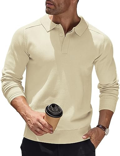 COOFANDY Polo Pullover Herren Strickpullover Pullover mit Polokragen Strick Poloshirt Langarm Business Sweater Winterpullover Polo Pulli Creme Farben XXL