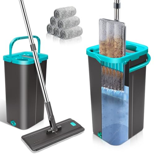 HEVOL Wischmopp Set mit Eimer, Bodenwischer Set mit 6 Mikrofaser Wischpads und Edelstahlgriff, 140cm Flach Mopp mit Auswringfunktion für Bodenreinigung, Nass und Trockeneinsatz, Grau