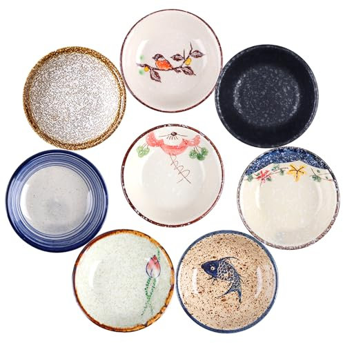 8 Stück Dip Schälchen, Soja Saucenschälchen Keramik, Tapas Schalen, Keramikschale, Keramik Dipschalen, Vintage Sushi Schälchen, Ø 10cm Gewürzschalen, Snackschalen für Gewürzen Sojasauce Saucen Snacks