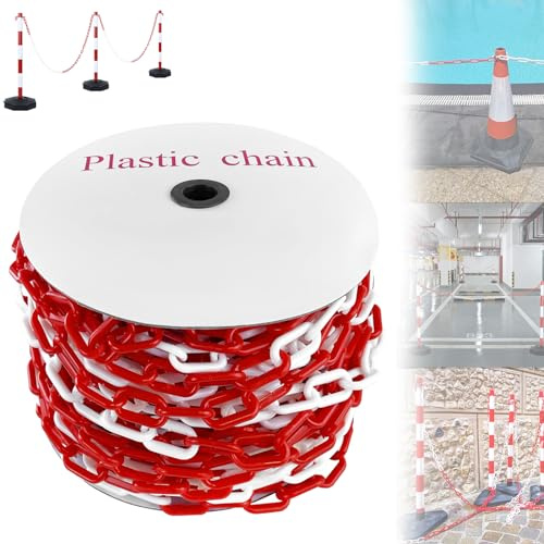 ACXIN avstängningskedja, plastkedja, 25 m, röd, vit, plast, 6 mm tjocklek, parkeringsplats, avstängning, plastkedja, varningskedja för barriärer i uppfarter, arbetsplatser och garage