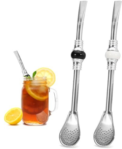 Fatiya 2 Pièces Paille Yerba Mate en Acier Inoxydable Réutilisable, Yerba Mate Bombilla Pailles avec Cuillère Filtrante, 19 cm de Long Pailles pour Thé, Cocktail (Perle Noir et Blanc)